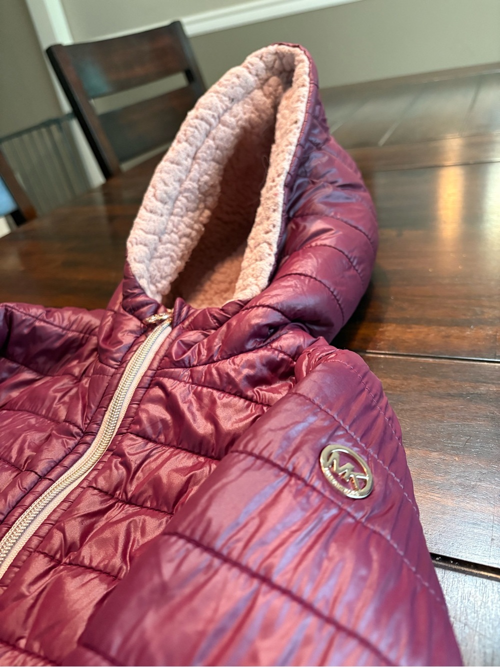 Michael Kors Girls Maroon Hooded Puffer Jacket with Sherpa Lining, Size 7/8